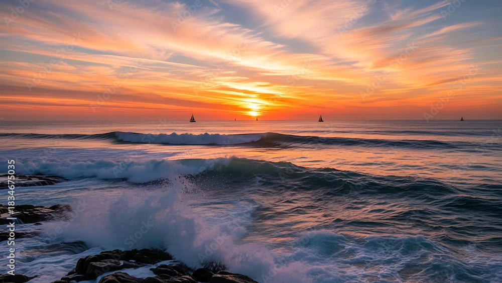 Obraz premium A spectacular and colorful sunrise over the ocean with powerful waves crashing against a rocky shore and sailboats on the horizon