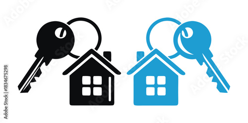Fresh house keys with house shaped key chain offers a new beginning, vector property and real estate purchase icons.
