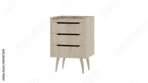 Vector of modern light wood nightstand with three drawers and tapered legs isolated on transparent background