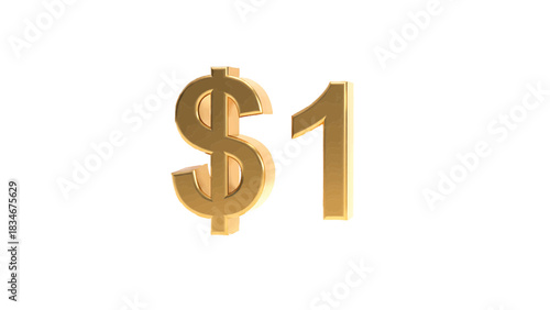 Vector of golden 3d rendering of the dollar sign and number one isolated on transparent background