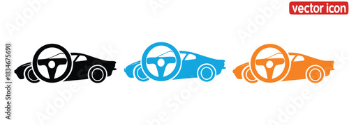 Colorful car icons with steering wheels for automotive design
