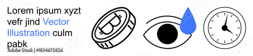 Eye care, vision correction, medical treatment, time management, health awareness, ophthalmology. Eye with drop, clock and contact lens. Eye care and vision correction concepts