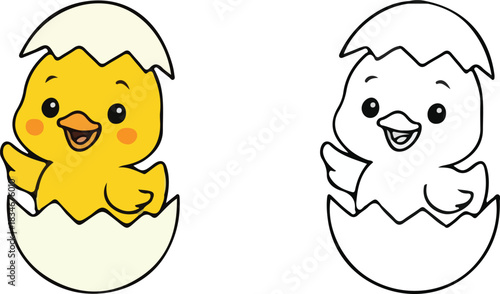 Adorable cartoon baby chick hatching from a cracked egg shell for kids designs. isolated PNG with Transparent Background