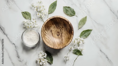 Overhead shot displays a wood bowl, a small glass bowl with a white substance, flowers, and leaves on a marble surface