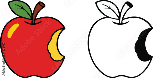 Simple cartoon bitten red apple drawing with outline version for health and food design isolated PNG with Transparent Background
