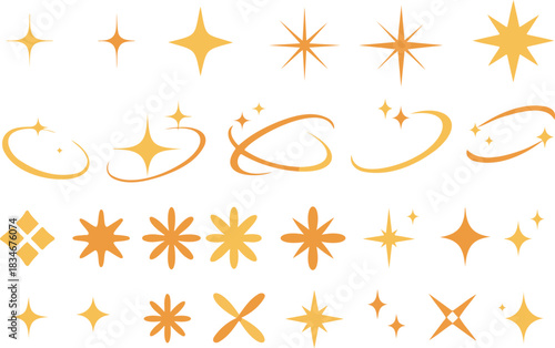 Set of sparkling glitter, golden starburst, and twinkling light vector icons for graphic design effects isolated PNG with Transparent Background
