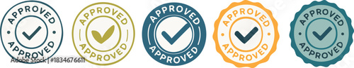 Collection of Approved certification stamp icons and checkmark badges in various colors isolated PNG with Transparent Background
