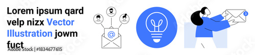 Digital networking, communication, teamwork, idea exchange, email services, online connectivity. Email with user icons, light bulb person sending mail. Digital networking and communication concept