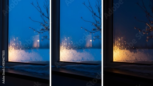 Triptych of frosty window panes looking out to a snowy winter twilight with silhouetted tree branches and warm glowing ice crystals
