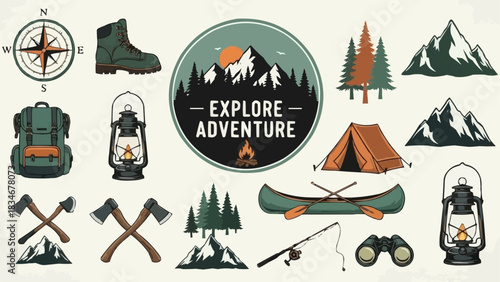 Vintage outdoor adventure and camping equipment icon set.