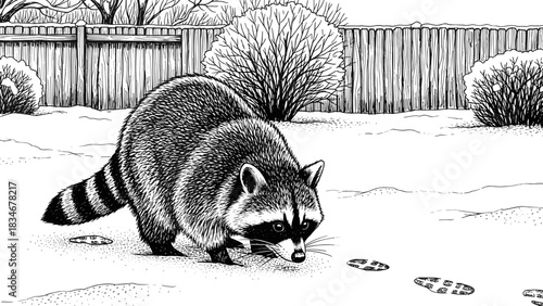Realistic black and white drawing of raccoon in snowy yard leaving footprints near fence