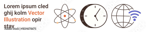 Science, technology, education, innovation, global connectivity, time management. Atomic model, clock globe with wireless icon. Science and technology global connectivity and innovation