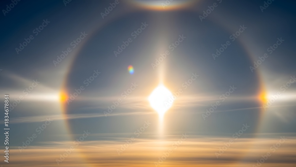 Fototapeta premium Rare Atmospheric Optical Phenomenon: Solar Halo and Sun Dogs (Parhelia) in the Sky 