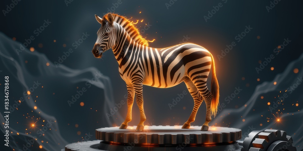 Fototapeta premium Zebra illuminated in a dramatic setting with sparkles and mechanical elements.