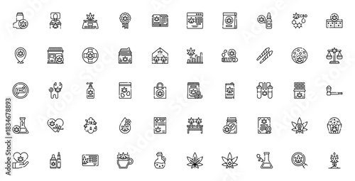 Cannabis icon set. Medical marijuana vector symbols.Includes inhaler, prescripion, vape, oil, tincture, ills, joint, legal, THC, etraction and more. Editabl stroke.
