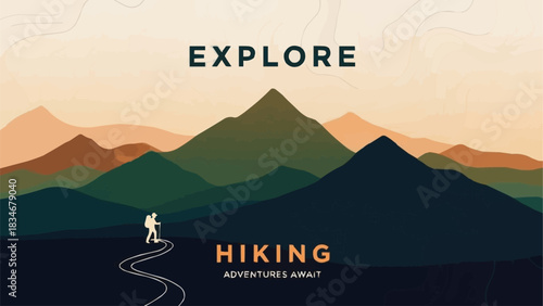 A lone hiker embarks on a winding trail through majestic mountains at sunset.