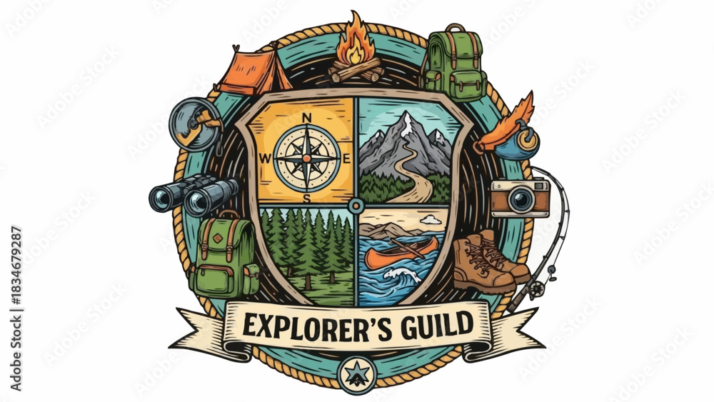Obraz premium Explorers Guild Emblem with Camping and Nature Elements.