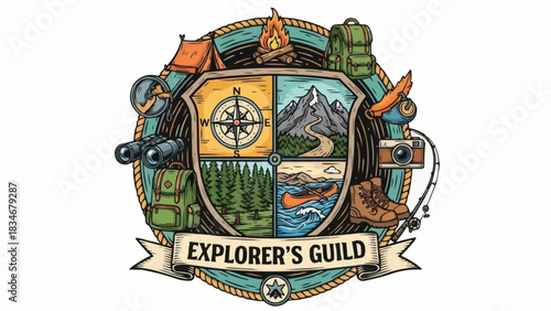 Explorers Guild Emblem with Camping and Nature Elements.