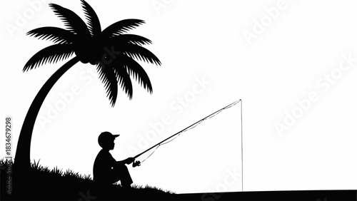 Silhouette of a person fishing under a palm tree.