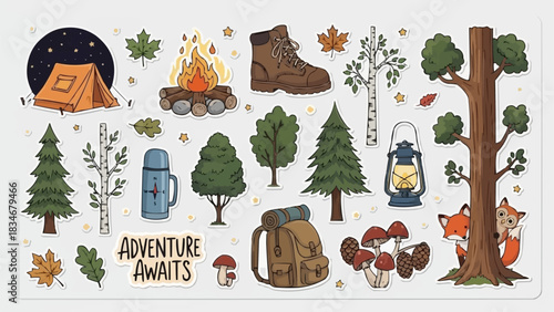 Camping Adventure Elements Collection with Fox and Forest Theme.