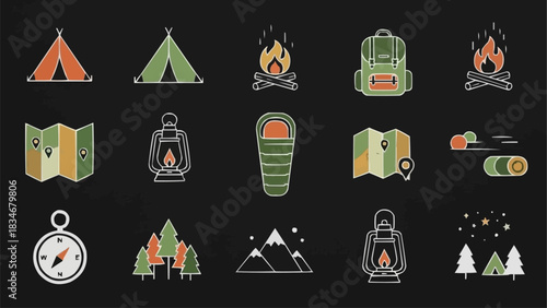 Colorful collection of camping and outdoor adventure icons.