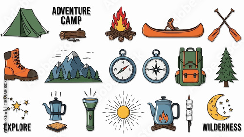 Camping Adventure Elements Collection for Outdoor Activities and Exploration.