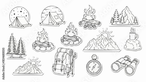 Collection of Hand Drawn Camping and Outdoor Adventure Icons.