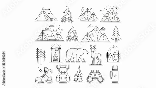 Hand Drawn Collection of Outdoor Camping and Hiking Icons.