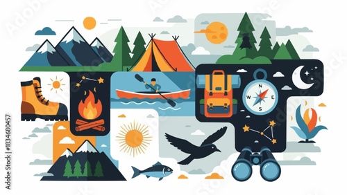 Outdoor Adventure and Camping Gear Collage Illustration.