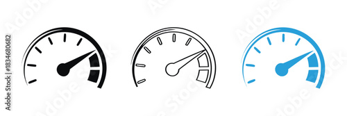 Speedometer icons. Speed indicator. Speedometers icons set. Speed guage. Risk indicator. Risk meter,Speedometer gauge showing performance level in black, white and blue,
