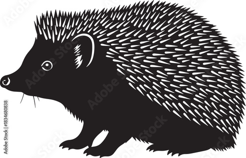 Stylized black and white vector illustration of a wild hedgehog, a nocturnal spiny mammal, isolated side view artwork.