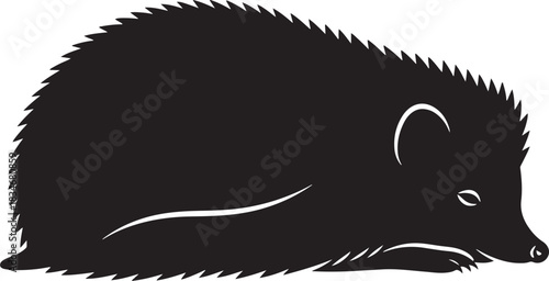 Stylized black hedgehog silhouette illustration lying down, isolated on a white background, representing nature and wildlife.