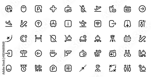 Airport icon set. Travel vector icons pack. Featuresairplane, luggage, securit, departure, arrival, wifi parking, food and more. Eitable stroke.