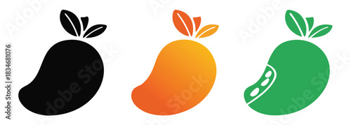 Simple mango icons in black, orange gradient, and green,Mango icon, fruit and tropical, vector graphics, a linear pattern. Mango icon White black backgrounds,Mango fruit vector icon
