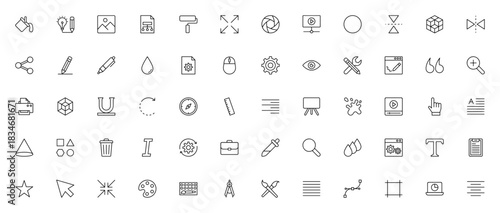 Art and Design icon set. Vector illustration tools cllection. Includes paint bcket, color palette, penci, brush, crop, layout, typgraphy, 3D model and more.Editable stroke.