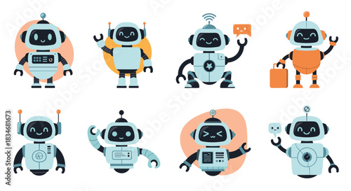 A diverse collection of cute and friendly cartoon robots with various expressions and poses, representing AI and technology concepts.