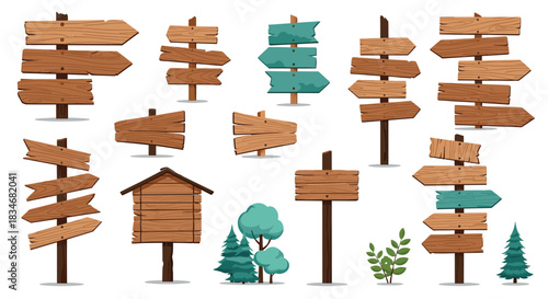 Collection of rustic wooden directional signs and information boards with various arrow shapes, accompanied by simple nature elements.