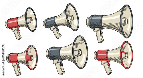 Vintage style illustrations of megaphones in red and gray, depicting loud announcements, public address, and calls to action.