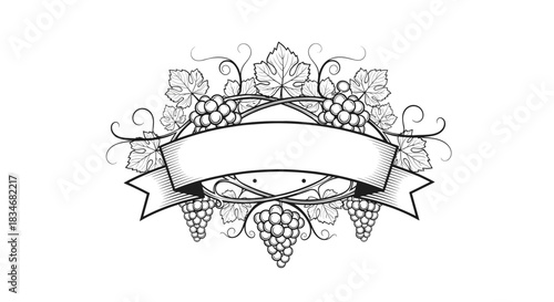 A classic black and white grape design with a blank ribbon banner, adorned by lush grape clusters, leaves, and elegant tendrils, ideal for vintage labels.