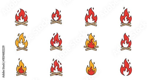 A collection of simple cartoon campfire icons with burning logs and flickering flames in red and yellow colors.