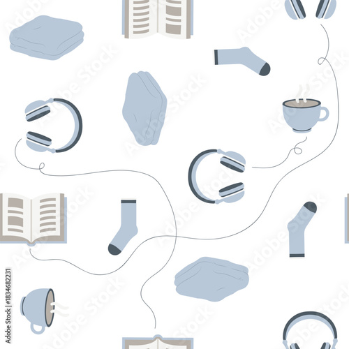 A beautifully airy seamless pattern featuring illustrations of relaxing elements like headphones, warm socks, and steaming mugs on a clean white background.