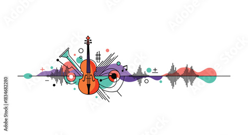 Abstract illustration featuring musical instruments, sound waves, and colorful geometric shapes representing the essence of music and art.