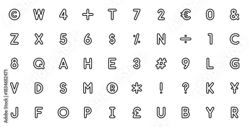 Alphabet and numbers icon set. Vector symbol collecton. Featuring copyright, rgistered trademark, dollar euro, yen, pound, percentge, ampersand, asterisk, hshtag and more.