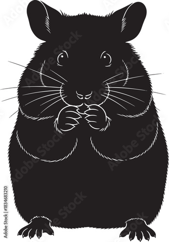 Stylized black and white hamster silhouette illustration, adorable pet rodent standing on hind legs, holding paws