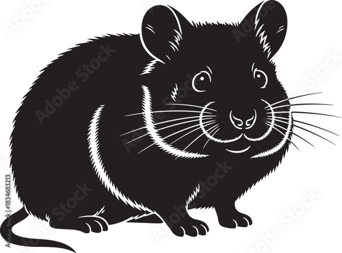 Black and white silhouette illustration of a small rodent, a little mouse with whiskers, isolated on a clean background.