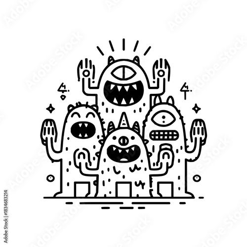 Cartoon monsters with multiple eyes and teeth having fun together in black and white style