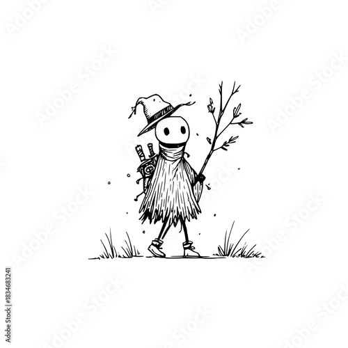 Whimsical wanderer with twig and hat in a monochrome sketchy style illustration art piece