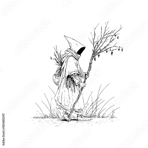 A cloaked figure with staff and basket walking through tall grass in a black and white illustration