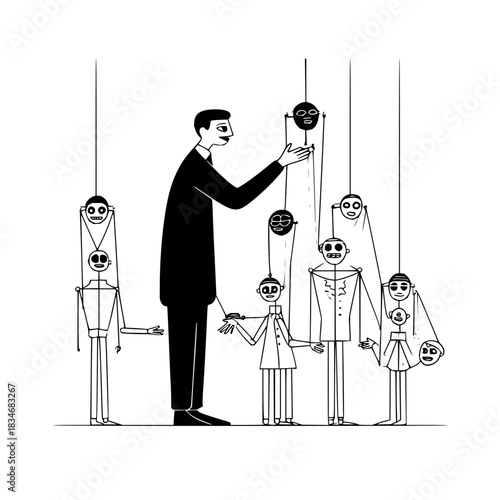 Man controlling puppets with strings and a dark suit in a black and white illustration style art