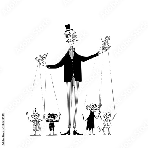 The puppet master and his marionettes perform a whimsical show for an unseen audience somewhere